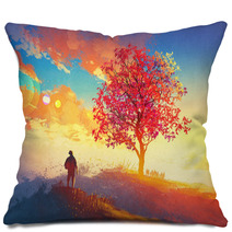 Autumn Landscape With Alone Tree On Mountain Coming Home Concept Illustration Painting Pillows 90769591