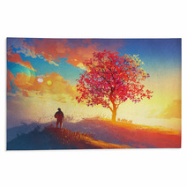 Autumn Landscape With Alone Tree On Mountain Coming Home Concept Illustration Painting Rugs 90769591