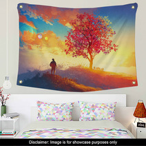 Autumn Landscape With Alone Tree On Mountain Coming Home Concept Illustration Painting Wall Art 90769591