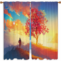 Autumn Landscape With Alone Tree On Mountain Coming Home Concept Illustration Painting Window Curtains 90769591