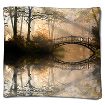 Autumn  Old Bridge In Autumn Misty Park Blankets 44630410