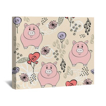 Babies Hand Draw Seamless Pattern With Pigs Wall Art 59281566