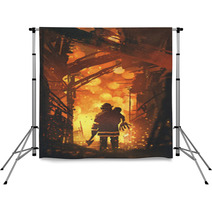 Back View Of Firefighter Holding Child Standing In House On Fire Digital Art Style Illustration Painting Backdrops 173513936