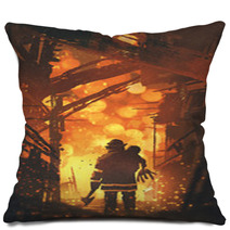 Back View Of Firefighter Holding Child Standing In House On Fire Digital Art Style Illustration Painting Pillows 173513936