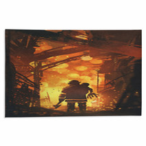 Back View Of Firefighter Holding Child Standing In House On Fire Digital Art Style Illustration Painting Rugs 173513936