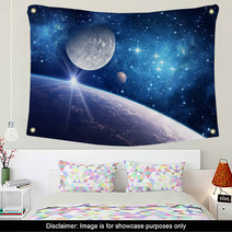 Background With A Planet, Moon And Star Wall Art 52034246