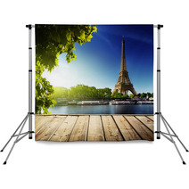 Background With Wooden Deck Table And  Eiffel Tower In Paris Backdrops 53520775