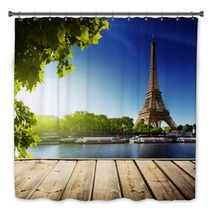 Background With Wooden Deck Table And  Eiffel Tower In Paris Bath Decor 53520775