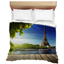 Background With Wooden Deck Table And  Eiffel Tower In Paris Bedding 53520775