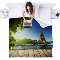 Background With Wooden Deck Table And  Eiffel Tower In Paris Blankets 53520775