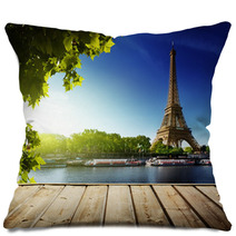 Background With Wooden Deck Table And  Eiffel Tower In Paris Pillows 53520775