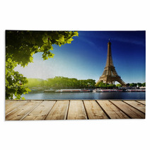 Background With Wooden Deck Table And  Eiffel Tower In Paris Rugs 53520775