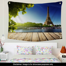 Background With Wooden Deck Table And  Eiffel Tower In Paris Wall Art 53520775
