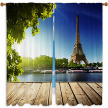 Background With Wooden Deck Table And  Eiffel Tower In Paris Window Curtains 53520775
