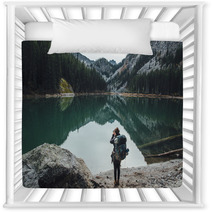 Backpacker Taking Picture Of Teal Lake Nursery Decor 174363687