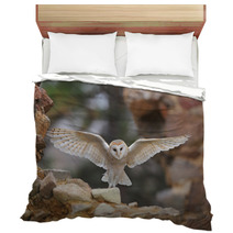 Barn Owl Tyto Alba With Nice Wings Flying On Stone Wall Light Bird Landing In The Old Castle Animal In The Urban Habitat United Kingdom Bedding 109769278