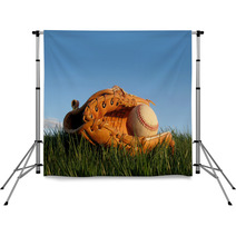 Baseball Glove With Ball Resting In A Grass Field Backdrops 12042465