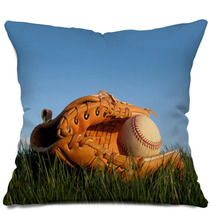 Baseball Glove With Ball Resting In A Grass Field Pillows 12042465