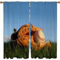 Baseball Glove With Ball Resting In A Grass Field Window Curtains 12042465