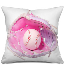 Baseball In Pink Female Glove Isolated On White Pillows 69744676
