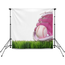 Baseball In Pink Female Glove On Green Grass Isolated On White Backdrops 69744784