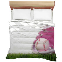 Baseball In Pink Female Glove On Green Grass Isolated On White Bedding 69744784