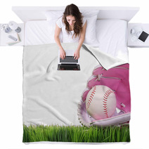 Baseball In Pink Female Glove On Green Grass Isolated On White Blankets 69744784
