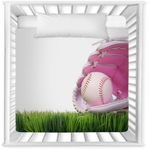 Baseball In Pink Female Glove On Green Grass Isolated On White Nursery Decor 69744784