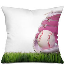 Baseball In Pink Female Glove On Green Grass Isolated On White Pillows 69744784