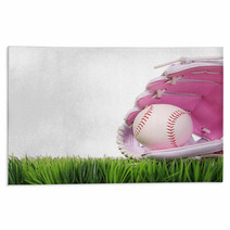 Baseball In Pink Female Glove On Green Grass Isolated On White Rugs 69744784