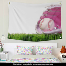 Baseball In Pink Female Glove On Green Grass Isolated On White Wall Art 69744784