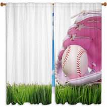 Baseball In Pink Female Glove On Green Grass Isolated On White Window Curtains 69744784