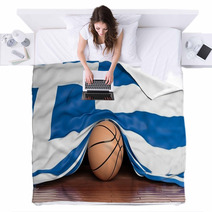 Basketball Ball With Flag Of Greece On Parquet Floor Blankets 67677775