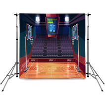 Basketball Court With Wooden Floor Scoreboard On Ceiling And Empty Fan Sector Seats Cartoon Vector Illustration Modern Indoor Stadium Illuminated With Spotlights Sports Arena Or Hall For Team Games Backdrops 231813972