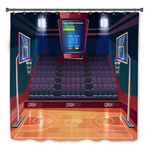 Basketball Court With Wooden Floor Scoreboard On Ceiling And Empty Fan Sector Seats Cartoon Vector Illustration Modern Indoor Stadium Illuminated With Spotlights Sports Arena Or Hall For Team Games Bath Decor 231813972