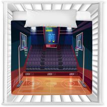Basketball Court With Wooden Floor Scoreboard On Ceiling And Empty Fan Sector Seats Cartoon Vector Illustration Modern Indoor Stadium Illuminated With Spotlights Sports Arena Or Hall For Team Games Nursery Decor 231813972