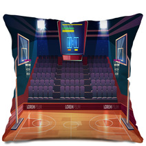 Basketball Court With Wooden Floor Scoreboard On Ceiling And Empty Fan Sector Seats Cartoon Vector Illustration Modern Indoor Stadium Illuminated With Spotlights Sports Arena Or Hall For Team Games Pillows 231813972