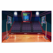 Basketball Court With Wooden Floor Scoreboard On Ceiling And Empty Fan Sector Seats Cartoon Vector Illustration Modern Indoor Stadium Illuminated With Spotlights Sports Arena Or Hall For Team Games Rugs 231813972