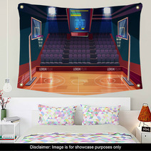 Basketball Court With Wooden Floor Scoreboard On Ceiling And Empty Fan Sector Seats Cartoon Vector Illustration Modern Indoor Stadium Illuminated With Spotlights Sports Arena Or Hall For Team Games Wall Art 231813972