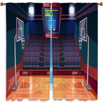 Basketball Court With Wooden Floor Scoreboard On Ceiling And Empty Fan Sector Seats Cartoon Vector Illustration Modern Indoor Stadium Illuminated With Spotlights Sports Arena Or Hall For Team Games Window Curtains 231813972