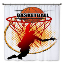 Basketball Player Is Jumping To Shoot The Ball On White Background Bath Decor 231711078