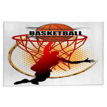 Basketball Player Is Jumping To Shoot The Ball On White Background Rugs 231711078