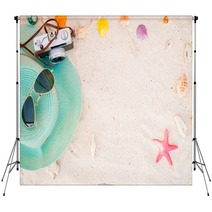 Beach Accessories On Sandy Summer Background Backdrops 151956213