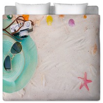 Beach Accessories On Sandy Summer Background Bedding 151956213