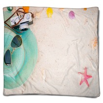 Beach Accessories On Sandy Summer Background Blankets 151956213