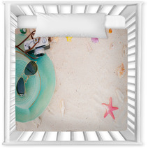 Beach Accessories On Sandy Summer Background Nursery Decor 151956213