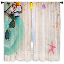 Beach Accessories On Sandy Summer Background Window Curtains 151956213