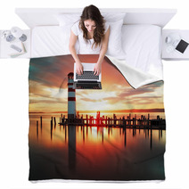 Beach Sunrise With Lighthouse Blankets 62630817