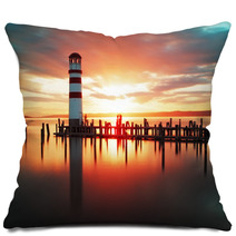 Beach Sunrise With Lighthouse Pillows 62630817
