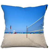 Beach Volleyball Net On Sandy Beach Pillows 54185881